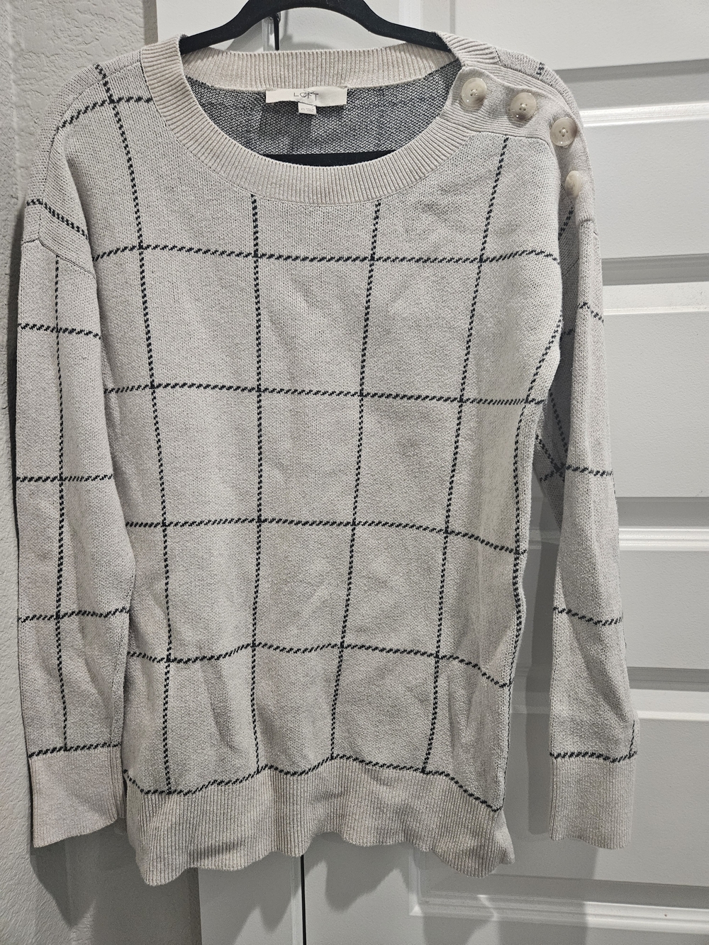 LOFT Cream Windowpane Crewneck Sweater with Shoulder Buttons